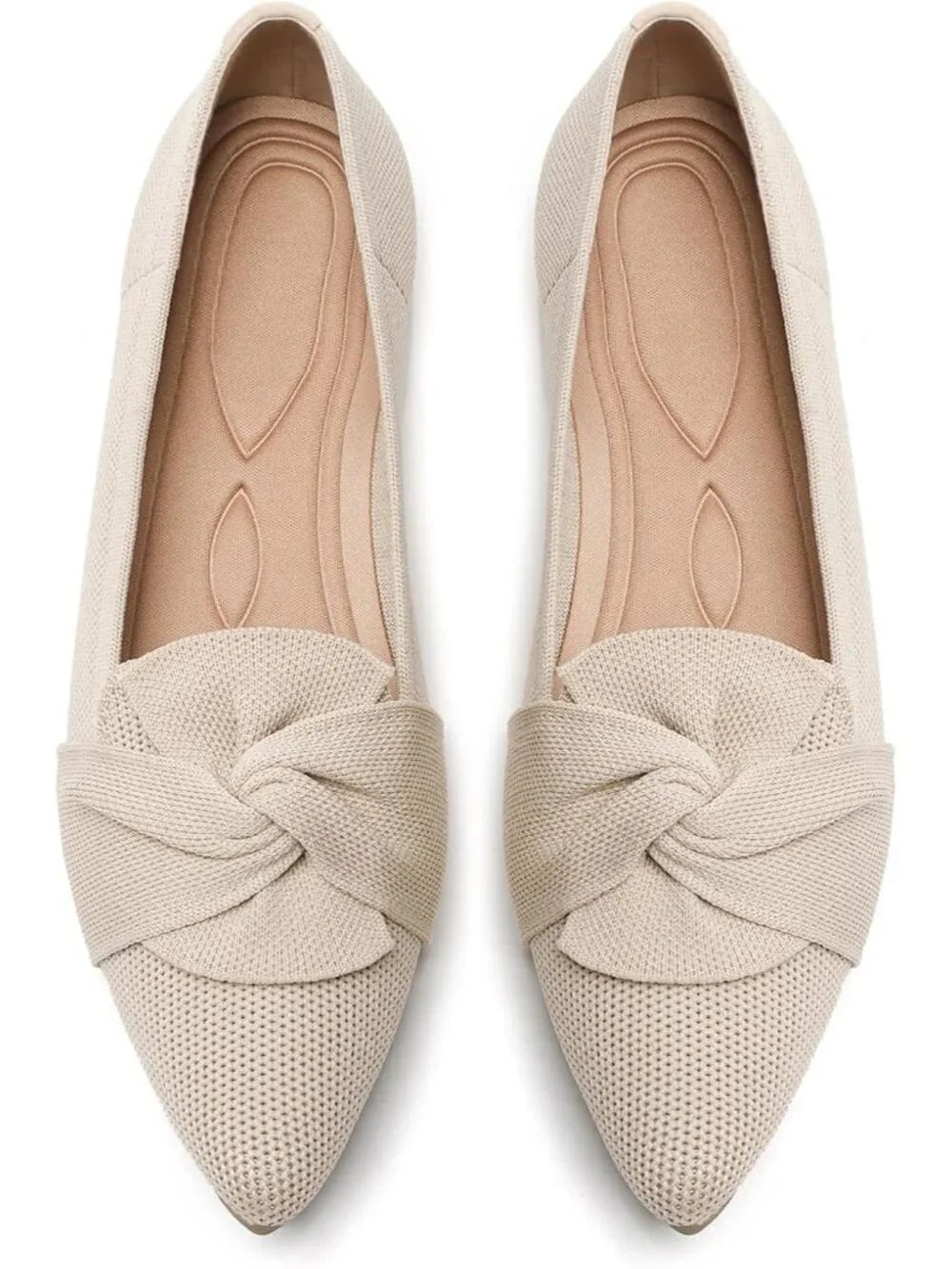 Women's Cream Comfortable Pointed Toe Knit Foldable Slip On Ballet Flat Shoes